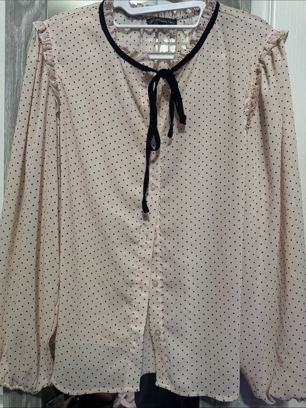 Adrianna Papell Cream Polka Dot Button-Down Blouse with Black Neck Tie